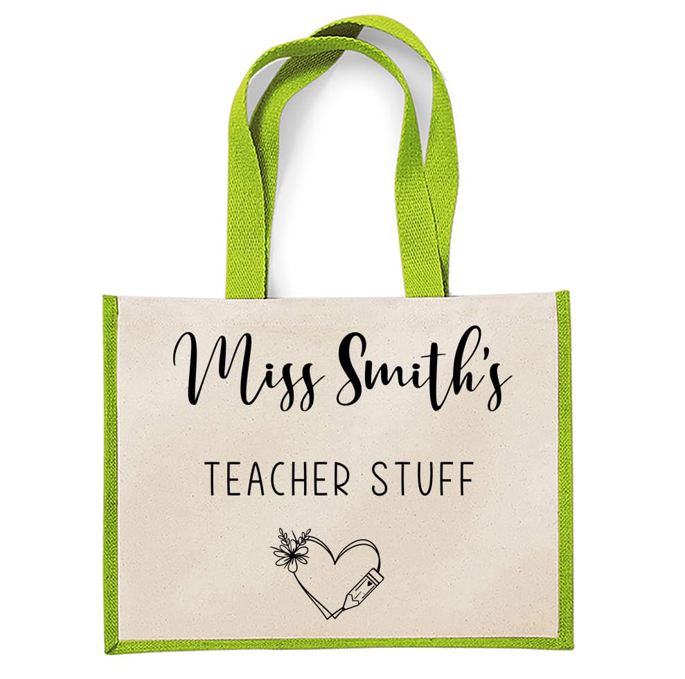 Getagift Personalised Teacher Jute Bag – “Teacher Stuff” Design – Custom Name Gift for Teachers – Reusable Shopping Bag – Thank You Present – Jute Bag. (Apple Green)