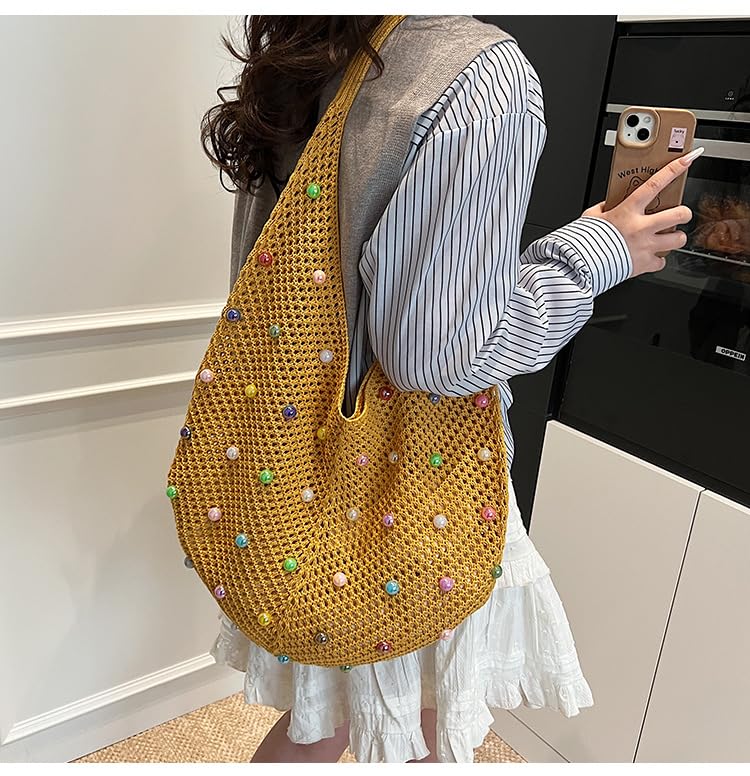 Image of Boho Crochet Beach Tote Shoulder Bag with Colored Beads | Colorful Aesthetic Hippie Knit Bag for Women