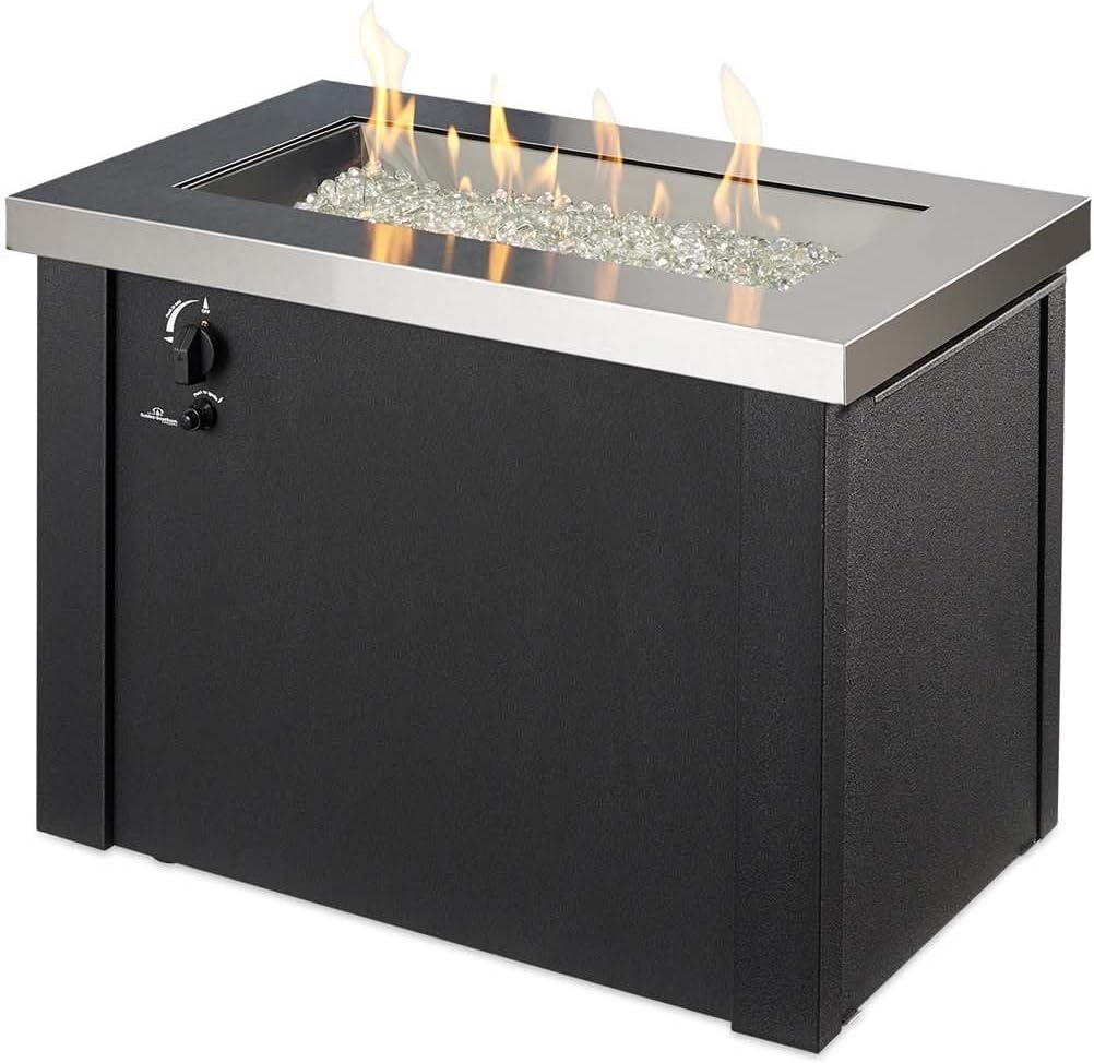 Outdoor GreatRoom Co Propane Fire Pit Table - Providence Gas Fire Pits for Outside Patio - 32 Inch Rectangular Stainless Steel Top Firepit Fire Table, Glass Tabletop Cover, Metal Base, 55,000 BTU