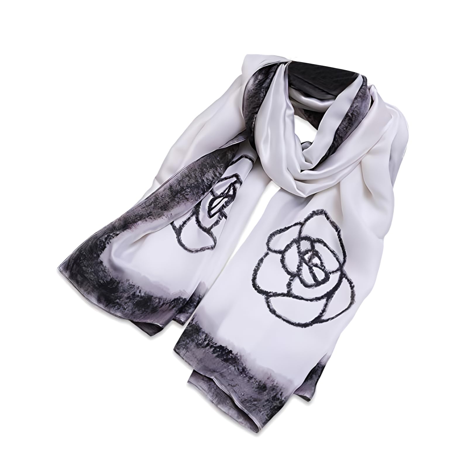 LumiSyne Women's Silk Scarves Artistic Ink And Wash Painting Elegant Floral Printed Long Shawl Soft Wrap Sunscreen Shawl All Season