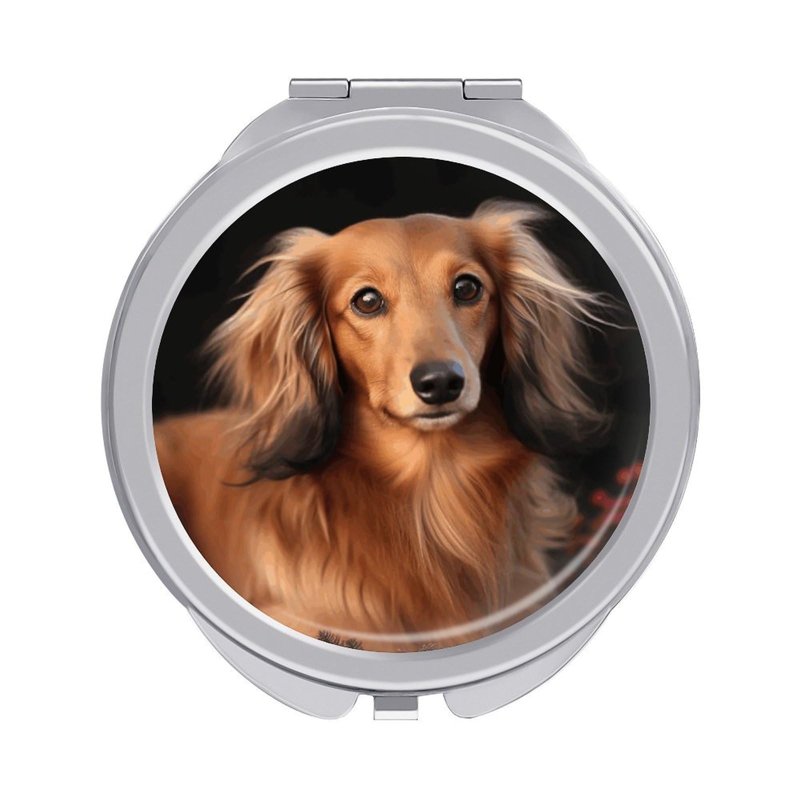 LZQPOEAS Long Haired Dachshund Compact Mirror, Double-Sided Folding Makeup Mirror, Durable Metal Travel Pocket Mirror for Purse, Portable Round Touch-Up Mirror for Table Gifts and Everyday Use