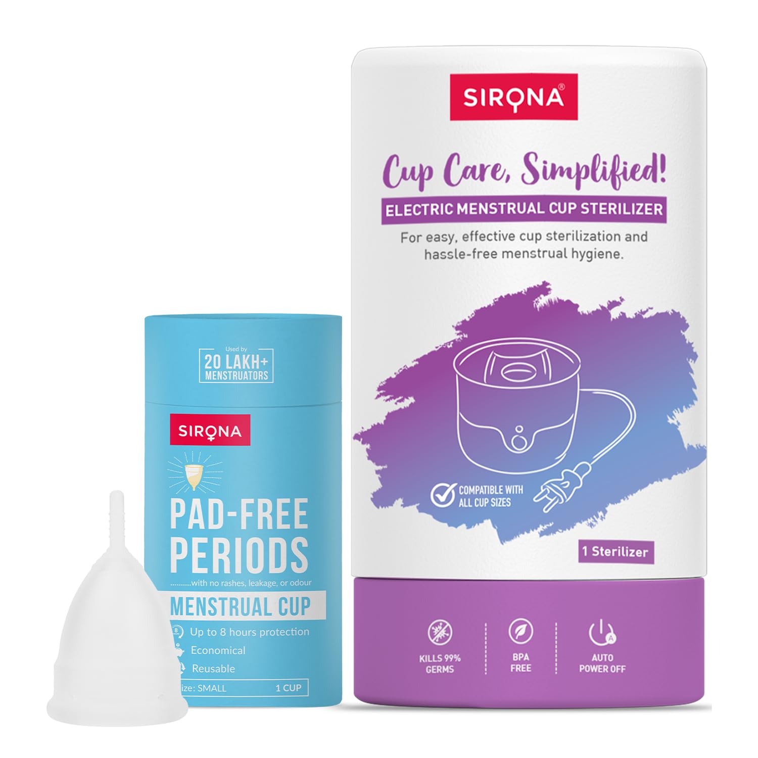 Sirona Reusable Menstrual Cup for Women (Small) with Electric Steam Sterilizer - Pack of 2 | 100% Medical-Grade Silicone | Kills 99% Germs | Rash, Odour & Itch-Free Period Care with Quick Cleaning