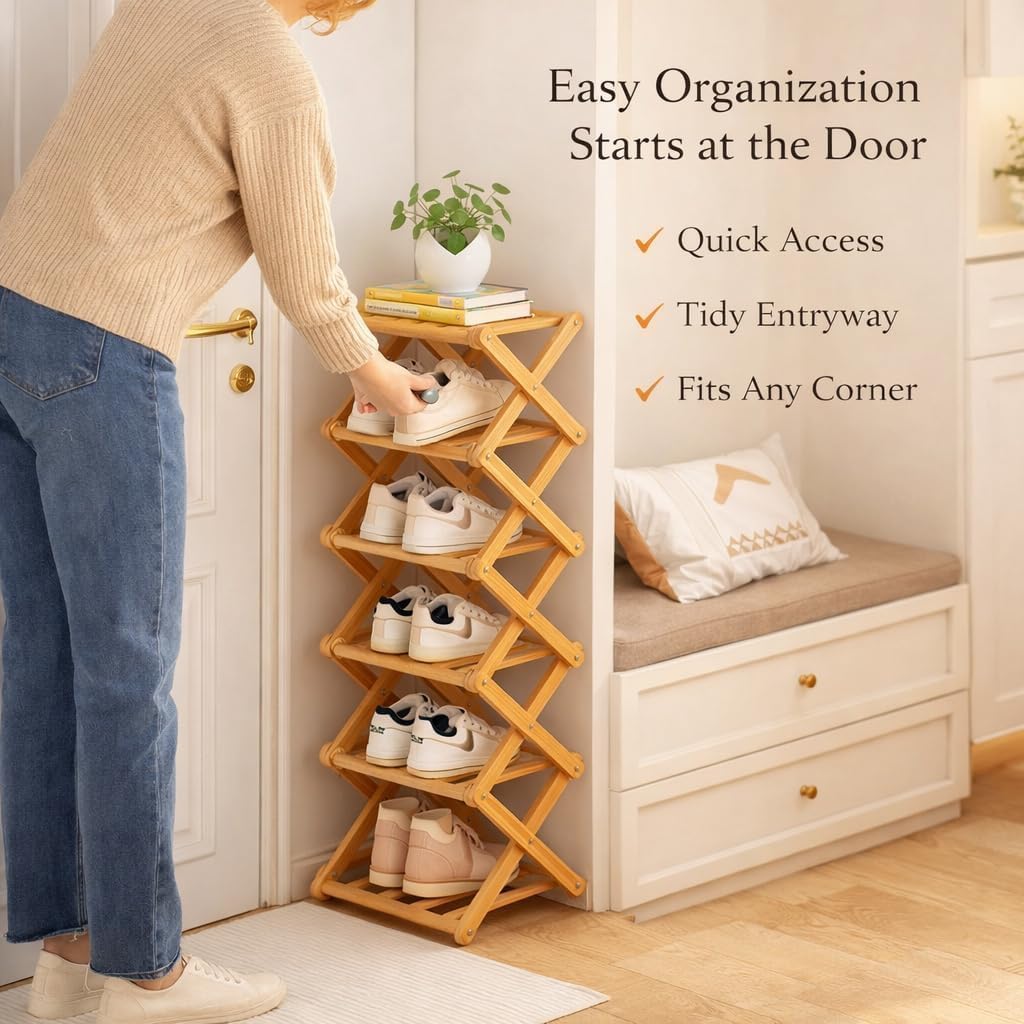 The 2/3/4/5/6/7-Tier No-Assembly Bamboo Rack, 2026 Upgraded Foldable 2/3/4/5/6/7 Tier Bamboo Corner Shoe Rack, Space-Saving Organizer for Shoes, No Assembly Narrow Shoe Shelf for Entryway Closet Dorm