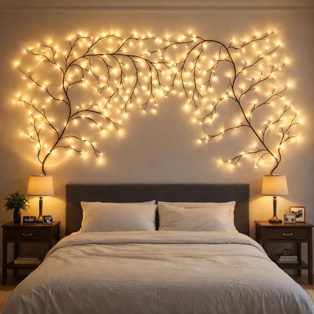 2Pcs Enchanted Willow Vine Lights with Remote, 18 Branches 144 LEDs Lighted Willow Swag for Wall Decor, Indoor Artificial Plug in Fairy Lights for Bedroom, Living Room, Wedding, Party