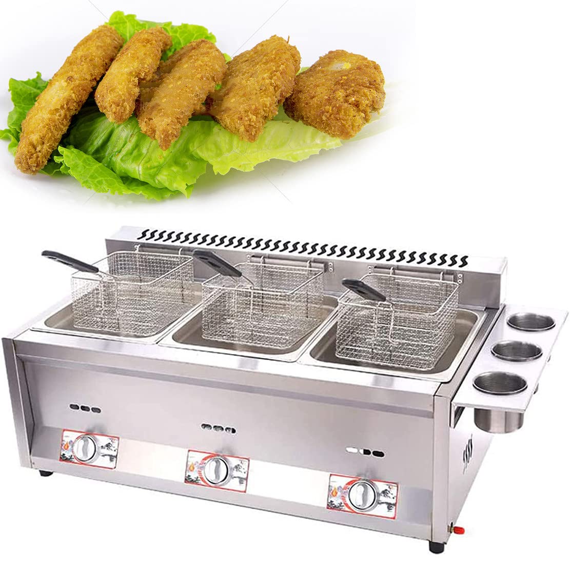 Friteuse Professionnelle À Gaz en Acier Inoxydable avec Panier Amovible, Idéale pour La Restauration Rapide Et Les Snack-Bars.,Triplepot