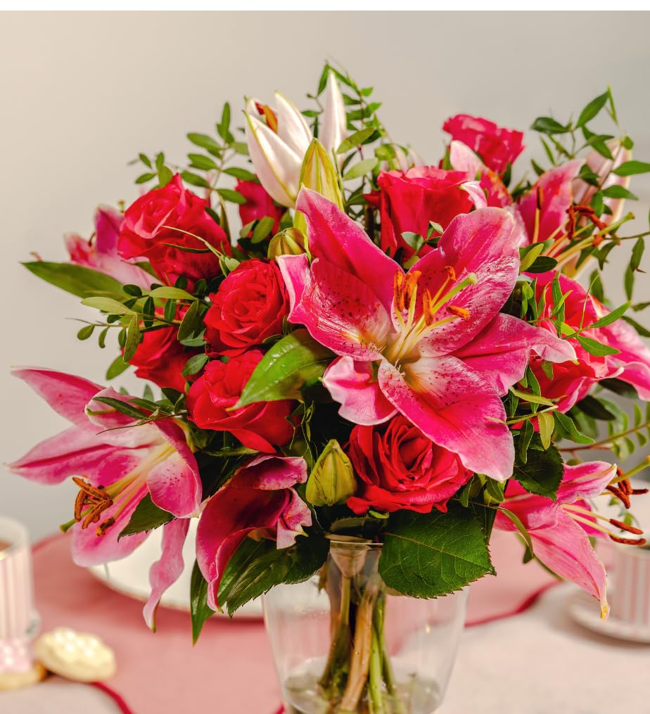 Set Regalo de Rosas y Lirios - Ramo de Flores – Regalo de Flores Frescas para Cumpleaños o Día de la Madre – Arreglo de Lujo con Entrega al Día Siguiente – Sorpresa Elegante para Ella