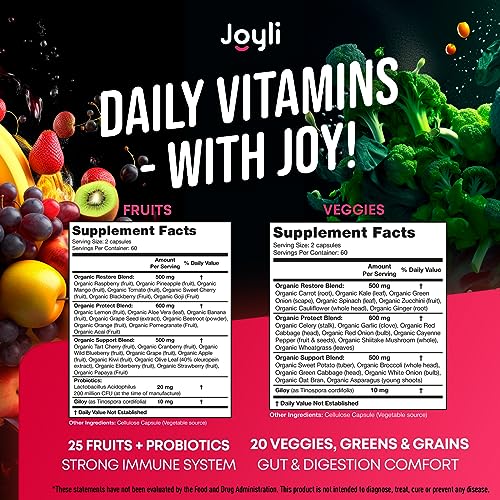 Image of JOYLI Nutrition Fruits and Veggies Supplement - High Fiber Supplement for Immunity, Gut & Energy - Super Reds & Super Greens Supplements with Marshmallow Root - 238 Capsules