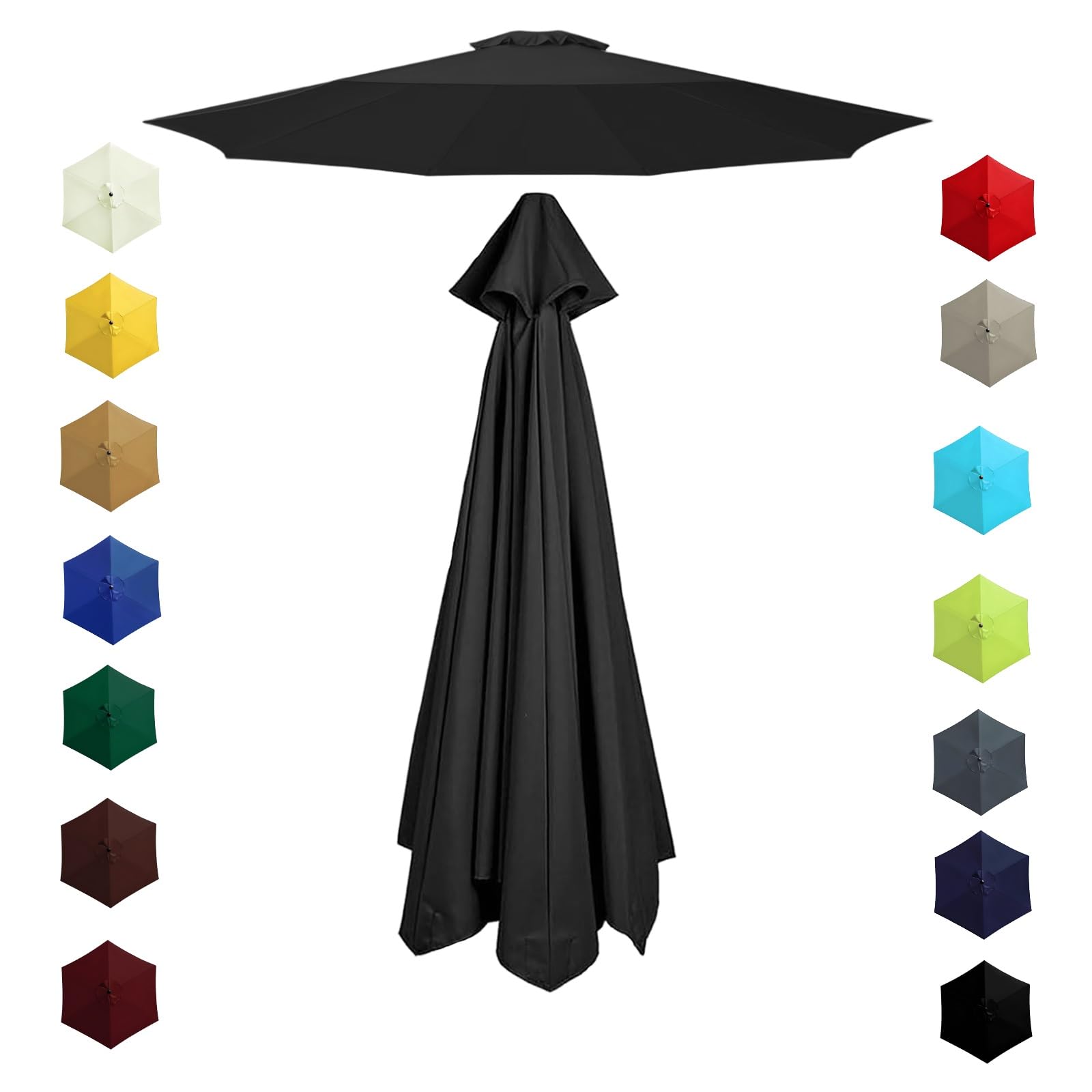 200cm 230cm 270cm 300cm 6/8 Ribs Garden Replacement Parasol Canopy, Replacement Parasol Top Canopy Fabric Cover for Garden Patio Outdoor, Waterproof Sun Umbrella Cloth(Black,2.7m/8 Arms)