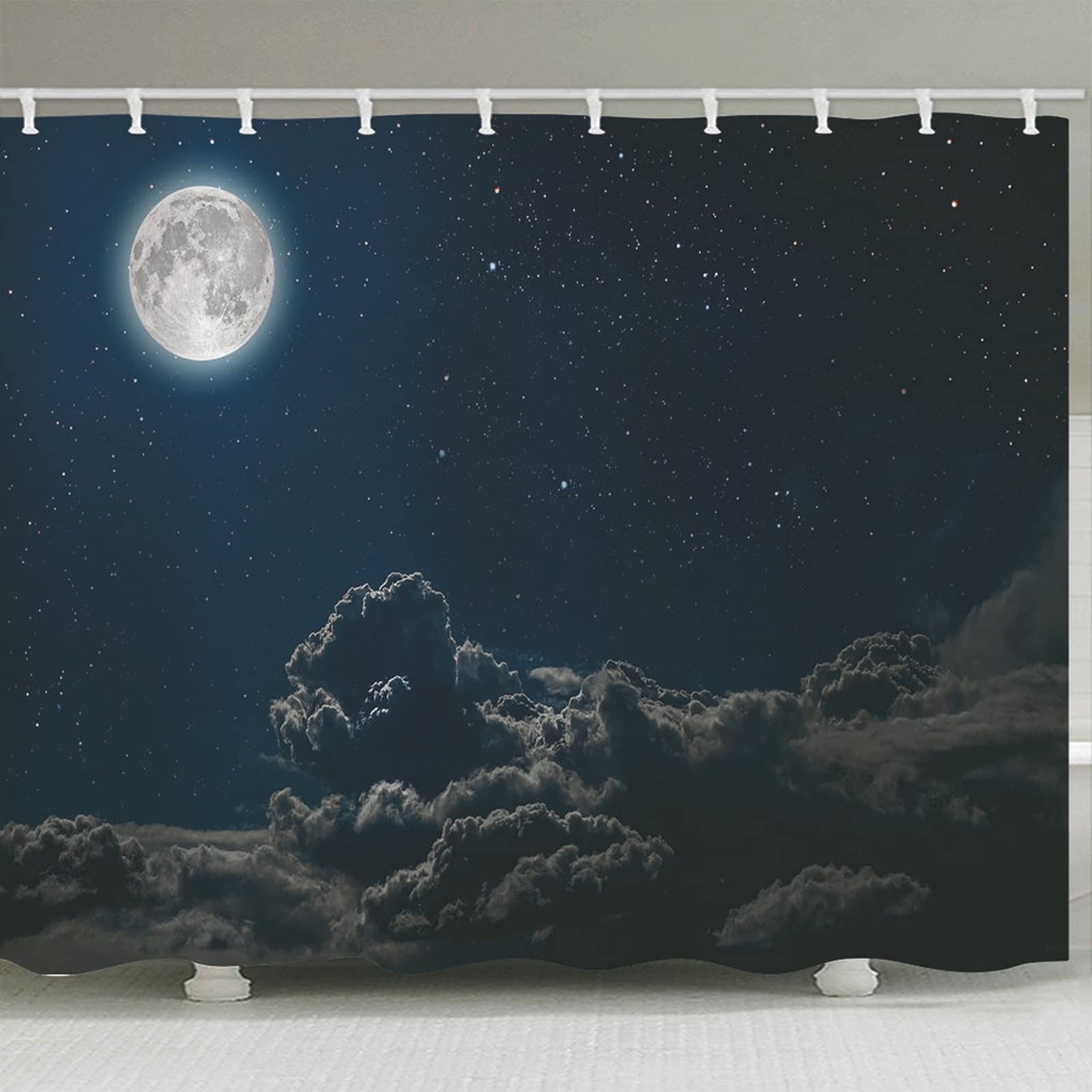 Tenda Doccia Nero Scuro Antimuffa per Bagni Tenda Doccia Angolare Poliestere con Ganci Tenda Doccia Cielo Notturno Stelle Nuvole, 120x180cm