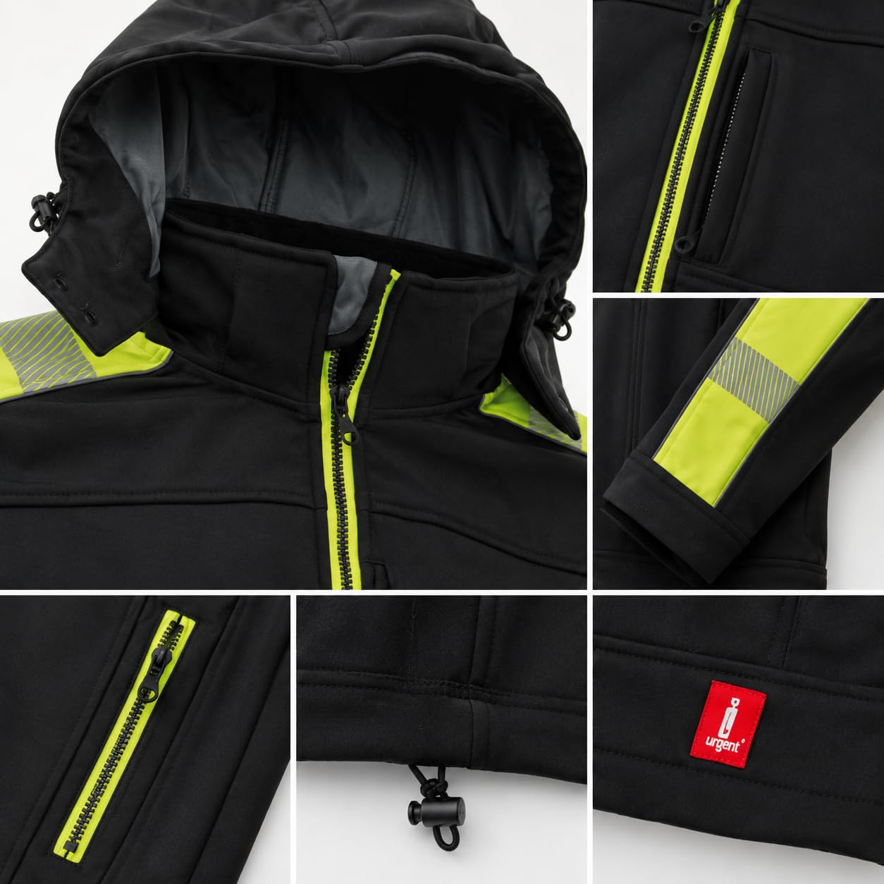 Urg ent softshell kurtka robocza GL-8364, wodoszczelna, wiatroszczelna, oddychająca, izolowana, z zamkiem błyskawicznym, kurtka funkcyjna, męska, outdoorowa, trekkingowa, elastyczna, czarna z żółtymi elementami; czarny czarny L