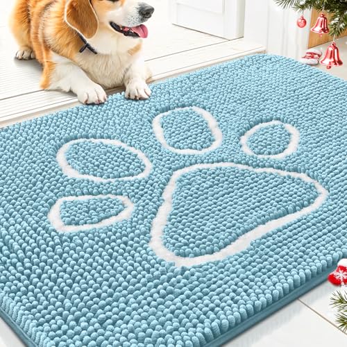 Image of Smiry Dog Door Mat for Muddy Paws, Absorbent Dirt Trapper Non Slip Quick Dry Washable Chenille Mat for Mud Dogs, Entry Rug for Indoor and Outdoor (30x20 Inches, Sky Blue and White)
