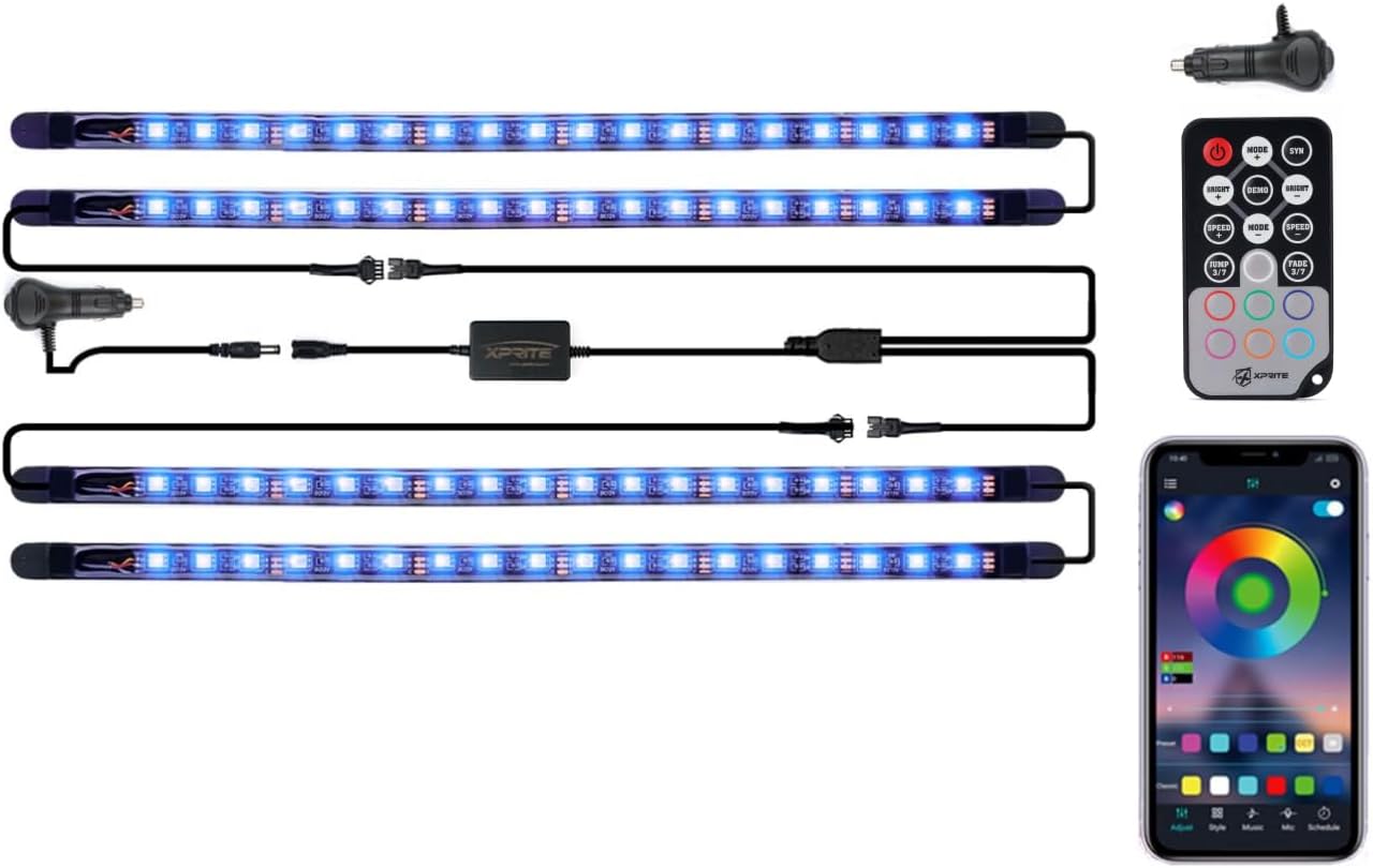 Xprite RGB LED Car Interior Bluetooth Light Strips w/Remote & Control Box, Silicone Sealed, Under Dash Footwell Lights Kit w/Cigarette Adapter for Vehicle Internal SUV Truck - 4 PCS