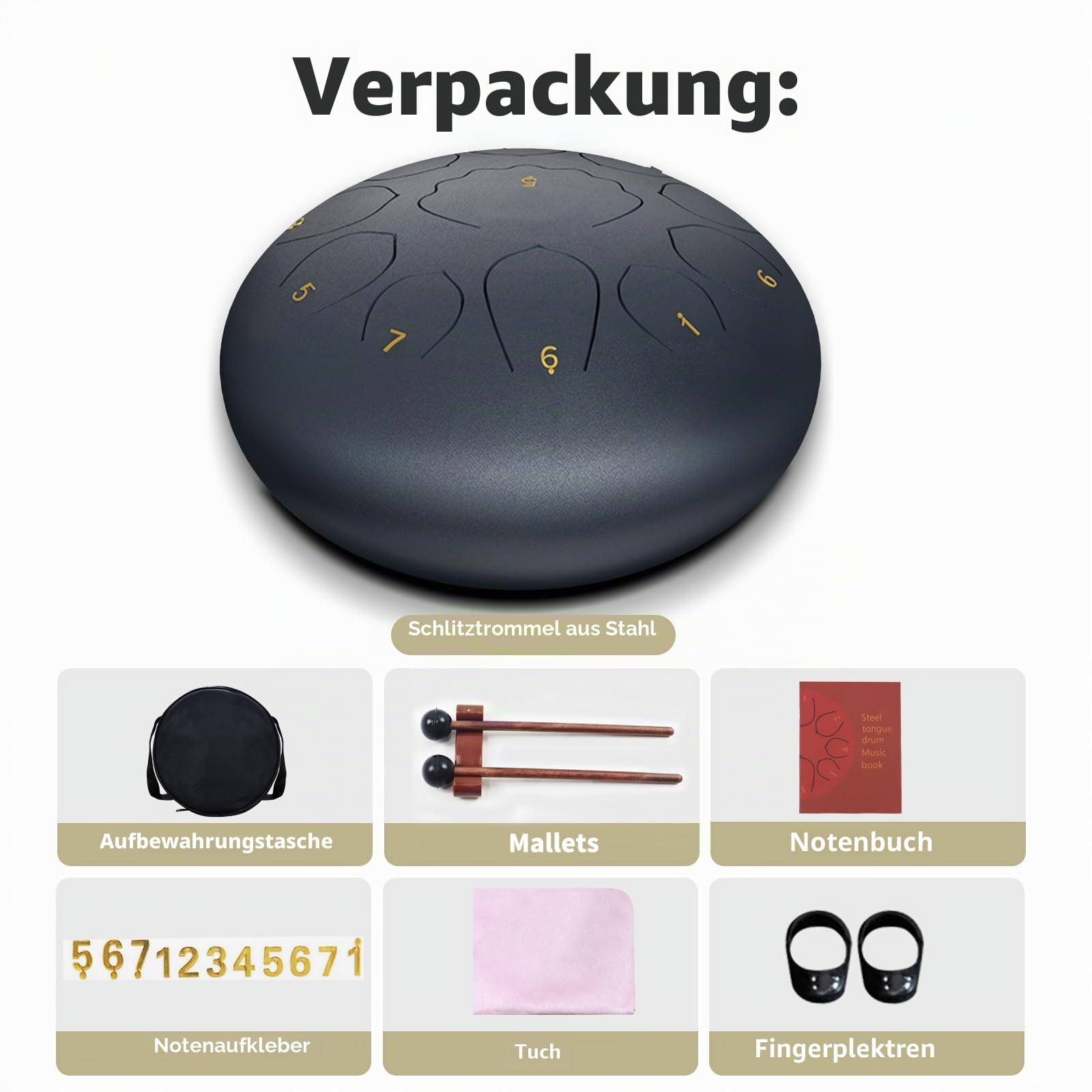 20,3 cm Stahlzungentrommel, 11 Noten, A-Dur, Handpan-Trommel, tragbare Regentrommel, Outdoor-Percussion-Instrument mit Schlägeln, Fingerplektren, Tragetasche, Musikbuch, Anfänger, Yoga, Meditation