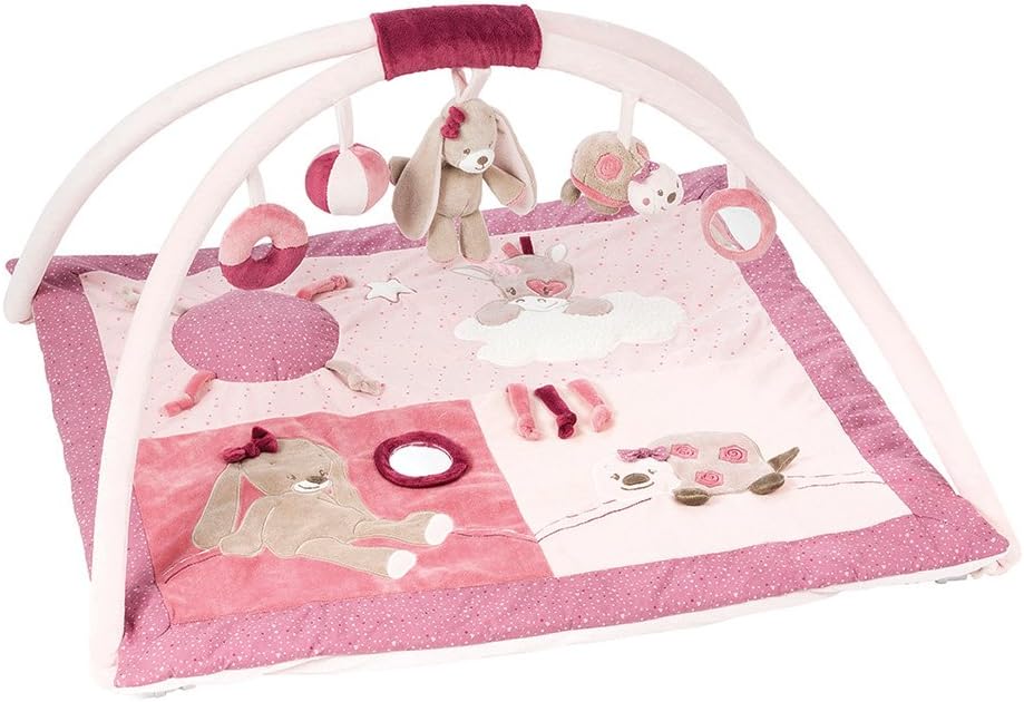 Nattou 987264 Baby Krabbeldecke mit Spielbogen, Gepolsterte Activity Decke für Mädchen, 80 x 70 cm Spieldecke rosa, Nina, Jade & Lili