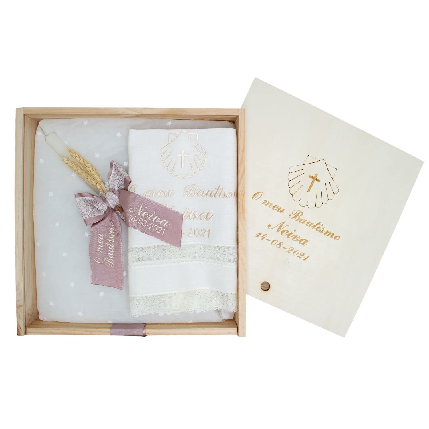 Kit de vela y pañuelo personalizado para Bautizo - Incluye caja de madera grabada – Pack de vela decorada y Paño bordado con nombre y fecha del Bautismo - Modelo Paris (Rosa Maquillaje)