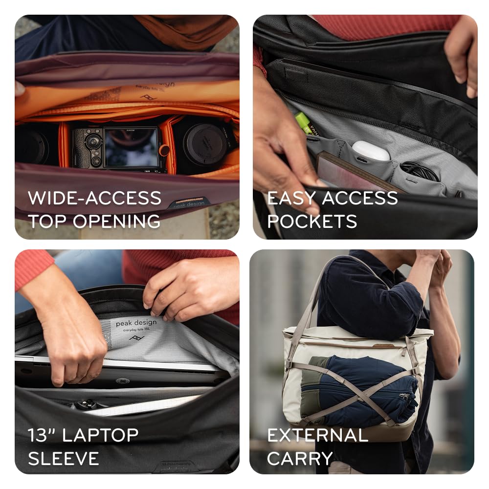 Peak Design Everyday Tote V3 15L, Eclipse, wetterfeste Hülle, breiter Zugang von oben, flexible Trennwände, Laptophülle, Innen- und Außentaschen, Umhängetasche oder Schultertrage, Tragetasche für