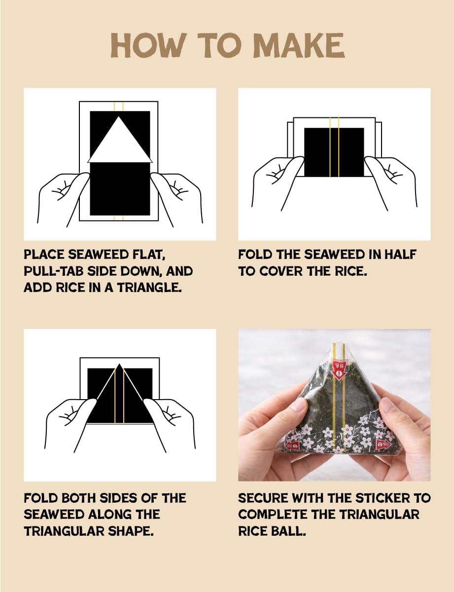 Emballage d'algues coréennes pour boule de riz triangulaire onigiri 40 feuilles avec moule | 40 standard + 24 autocollants d'étanchéité supplémentaires (total 64) – Nori torréfié deux fois, facile à