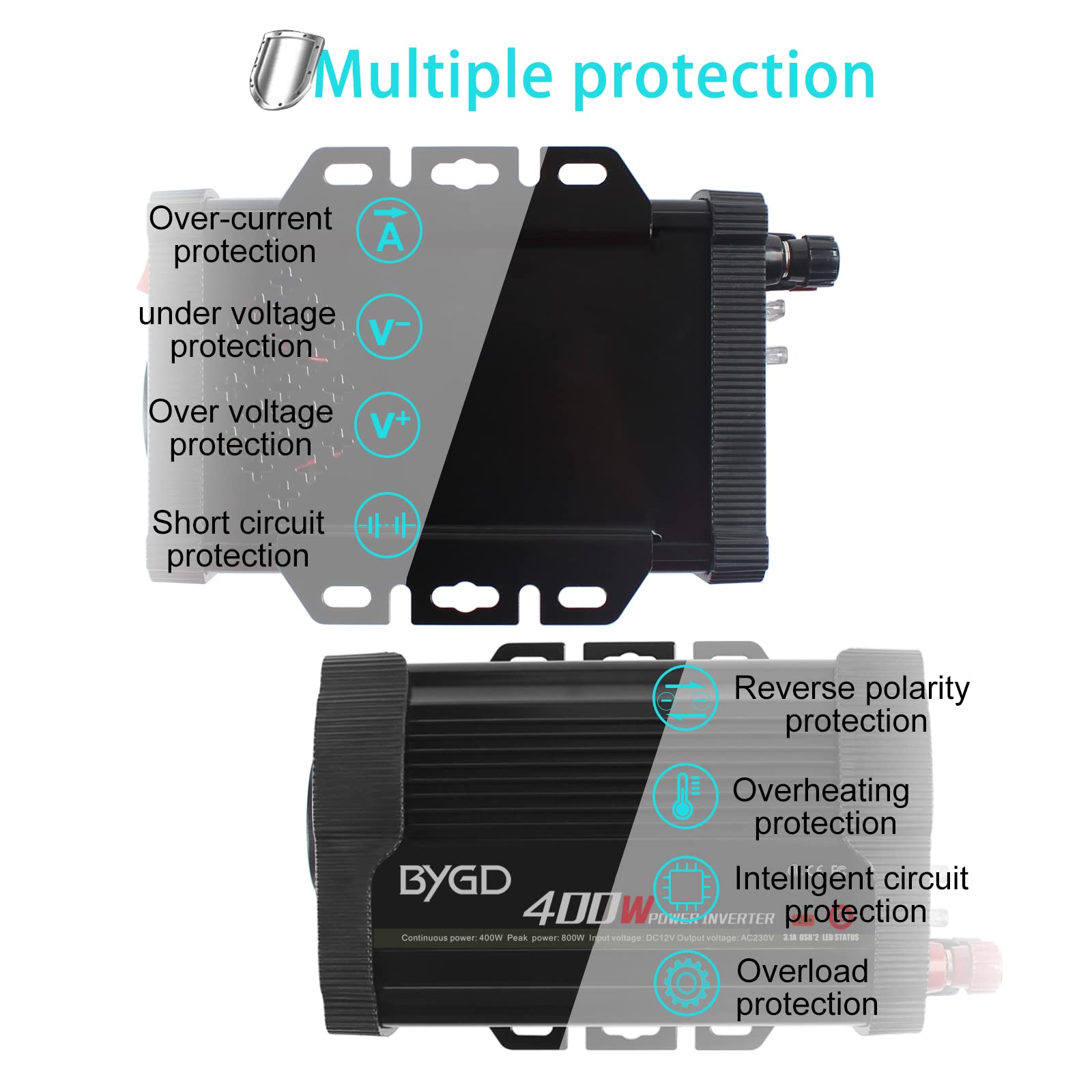 BYGD Inversor de Corriente 400W/800W 12V DC a 220V 230V AC con Adaptador de Coche y Cargador USB Dual 3.1A para Phone, Tableta, Cámping