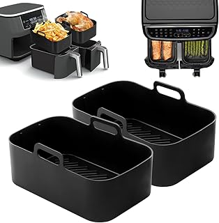 NADSSJL 2PCS Silicone Pot for Ninjas Dual Air Fryer,Reusable Liners Double Air Fryer Silicone Air Fryer Basket, Air Fryer Accessories For Air Fryer, Oven and Microwave (Black)