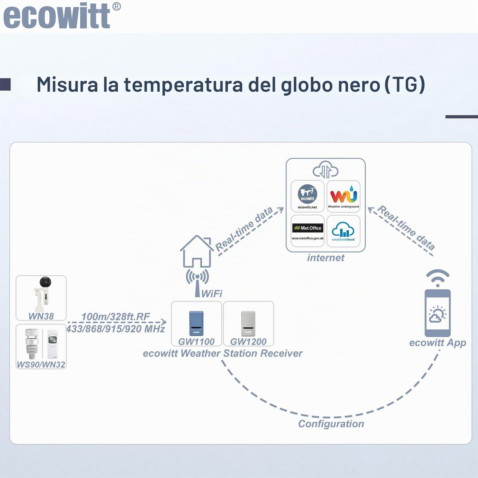 ECOWITT WN38 WBGT + HI Misuratore di indice di calore Sensore di temperatura globo nero Accessorio solo Non può essere utilizzato da solo