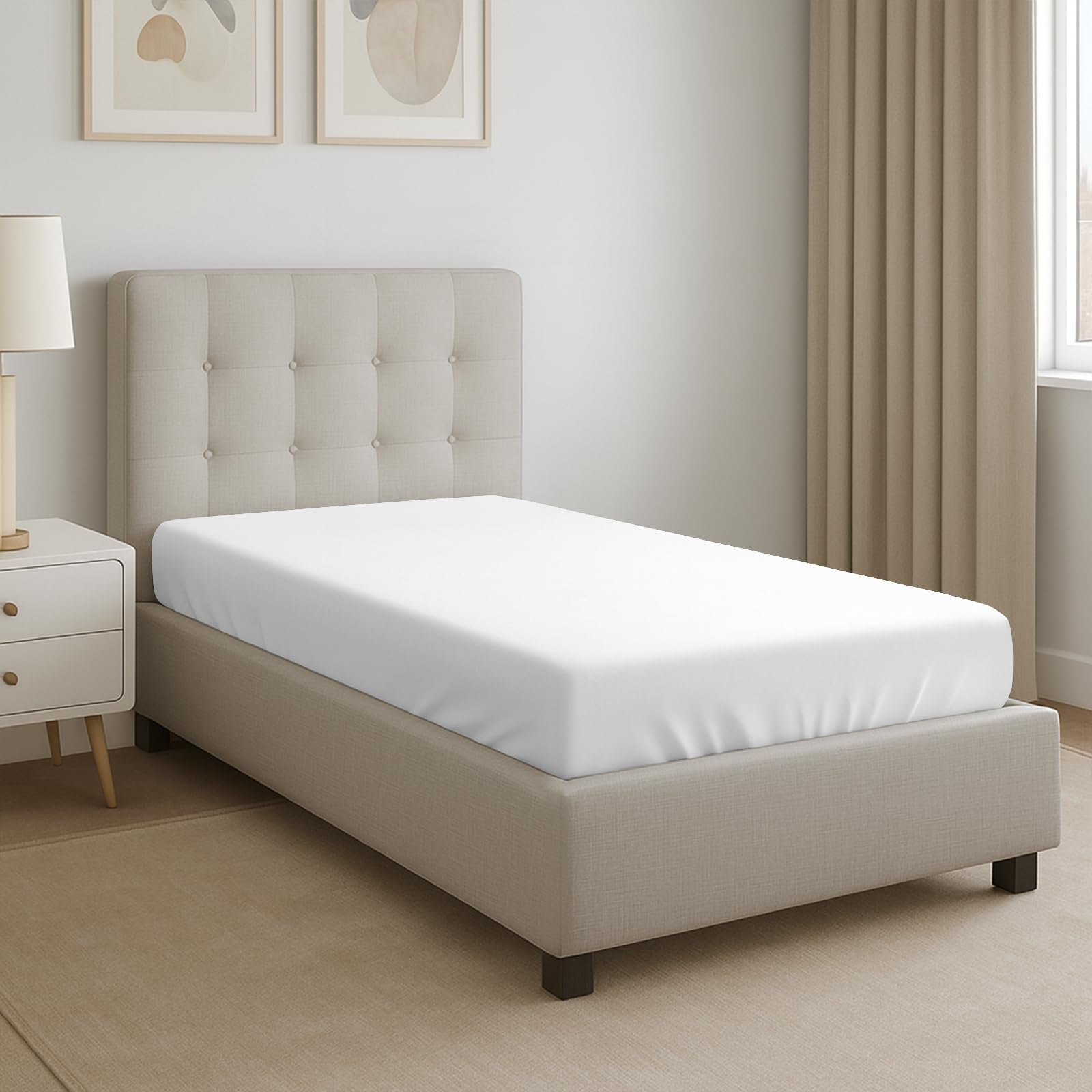 Pizuna Pure Combed Cotton Single Bed Fitted Sheet 90x200 cm, White, 400 Thread Count Cool Luxury Soft 100% Long Staple Cotton Sateen Weave, 40cm Deep Pocket Bedsheet (Fitted Bed Sheet -1PC)