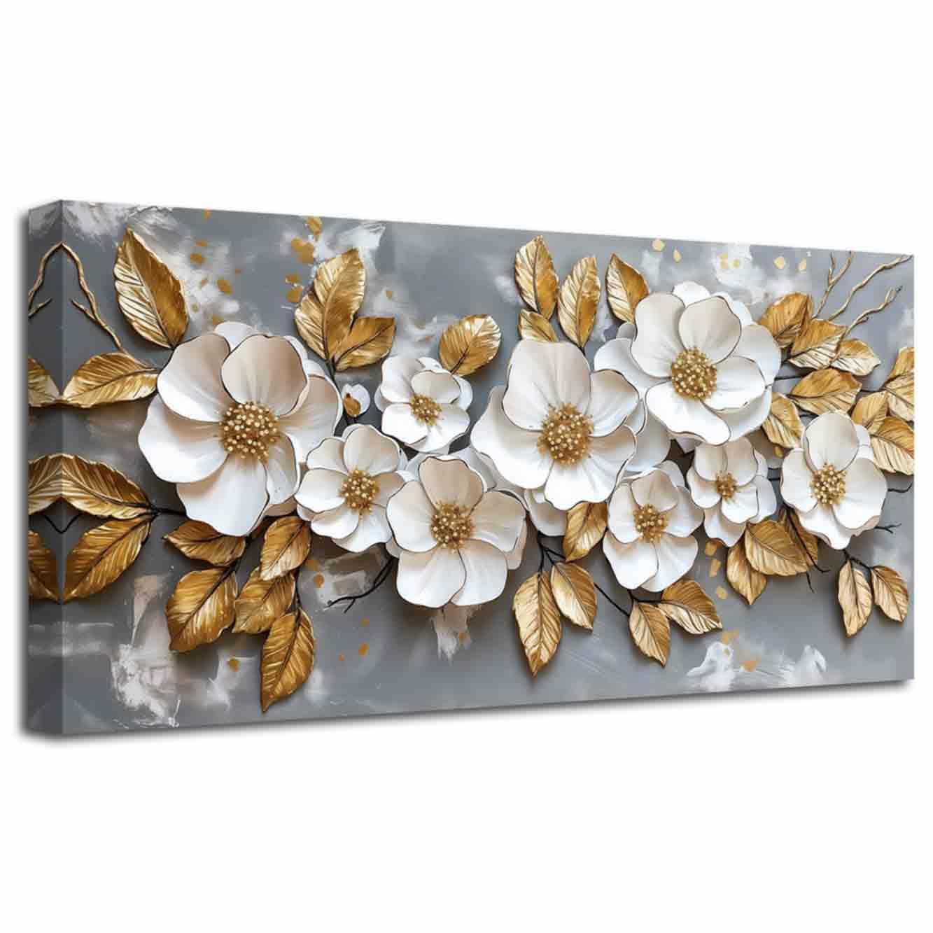 LZIMU Large White Gold Flower Wall Art Abstract Floral Picture Elegant Peony Blooming Canvas Print Modern Luxury Leaves Painting Living Room Bedroom Office Decor (Gray, (50L x 100W cm))