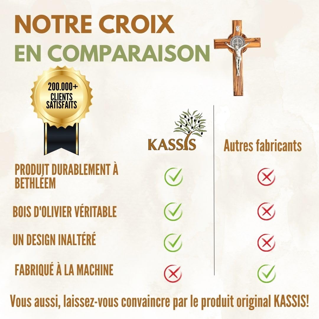 Kassis Geschenkartikel Croix de Saint Benoît en bois d'olivier – Croix murale chrétienne faite main à Bethléem pour baptême et communion – 20 x 12,5 cm (sans gravure), Saint Benoît