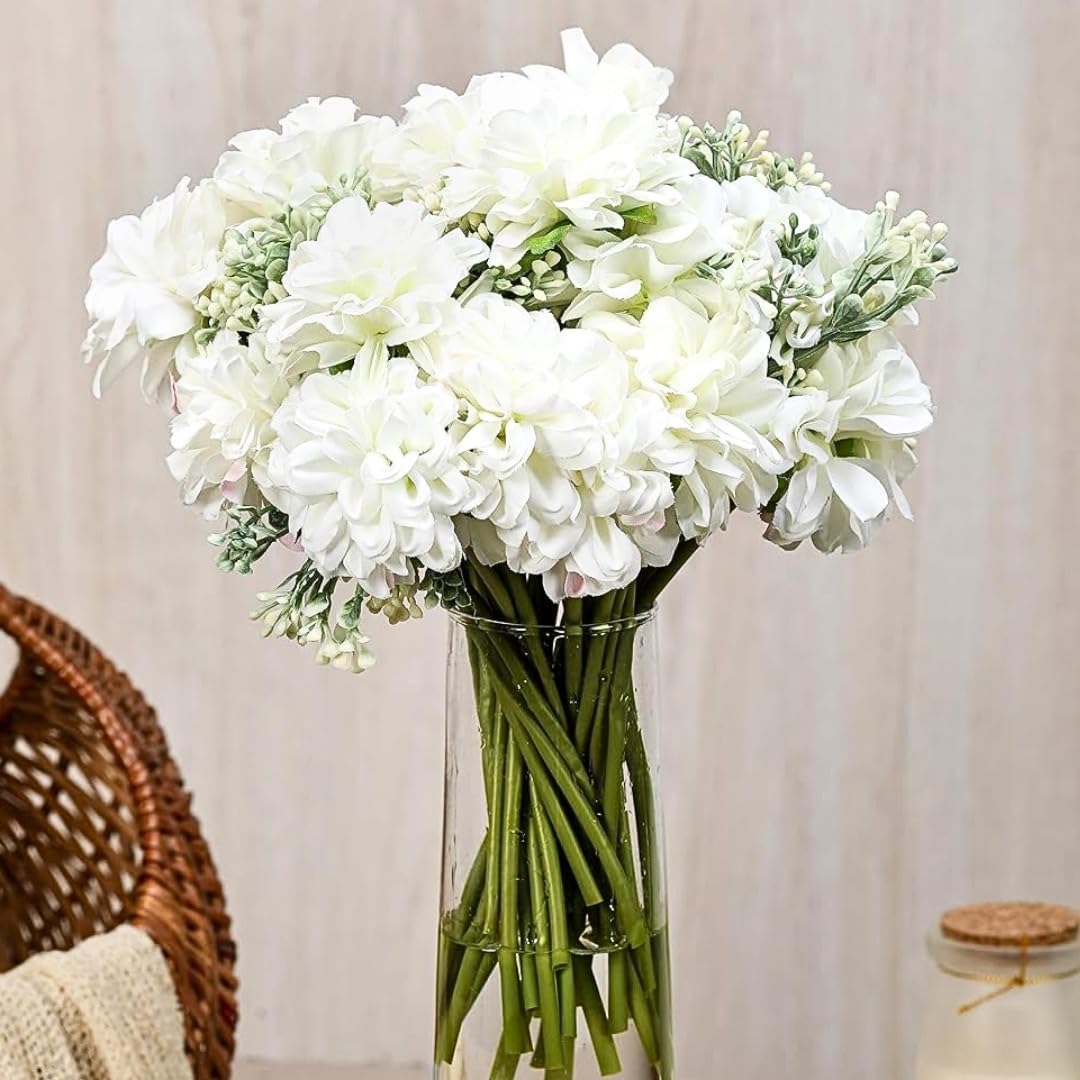 SATYAM KRAFT 1 Pcs Bunch Artificial Dahlia Flowers – 7-Stem Faux Floral Bouquet for Home & Office Decor, Wedding, Party Decoration,Realistic Fabric Flower Arrangement (Without Vase Pot) (1, White)-image-14