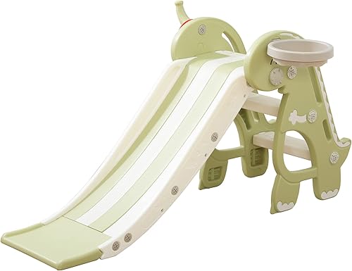 Tobogán para niños para interiores y exteriores, juego de tobogán independiente para niños pequeños con aro de baloncesto y pelota, dinosaurio verde