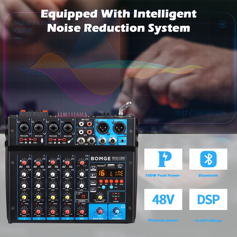 BOMGE 6チャンネルdjオーディオミキサー MP3 USB Bluetooth 48Vファンタム電源 5V電源 黒 音楽 ポッドキャスト用