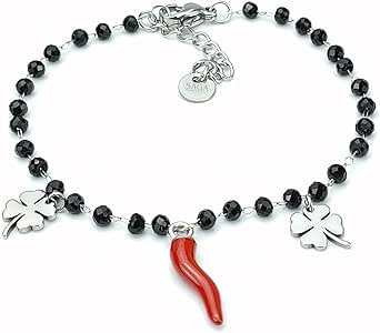 Bracciale Portafortuna Corno Rosso Con Cristalli - Acciaio Inox, Donna, Regalo Elegante