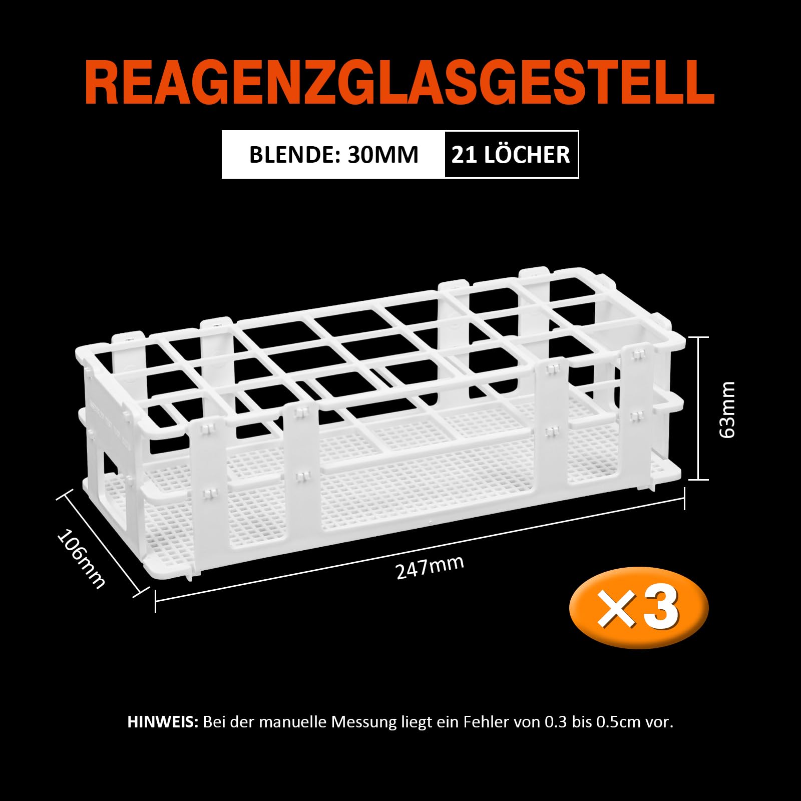 Lot de 3 supports de tubes à essai en plastique pour tubes à essai - Support amovible pour tubes à centrifuger - Pour laboratoire, commerce, science, industrie (30 mm, 21 trous)