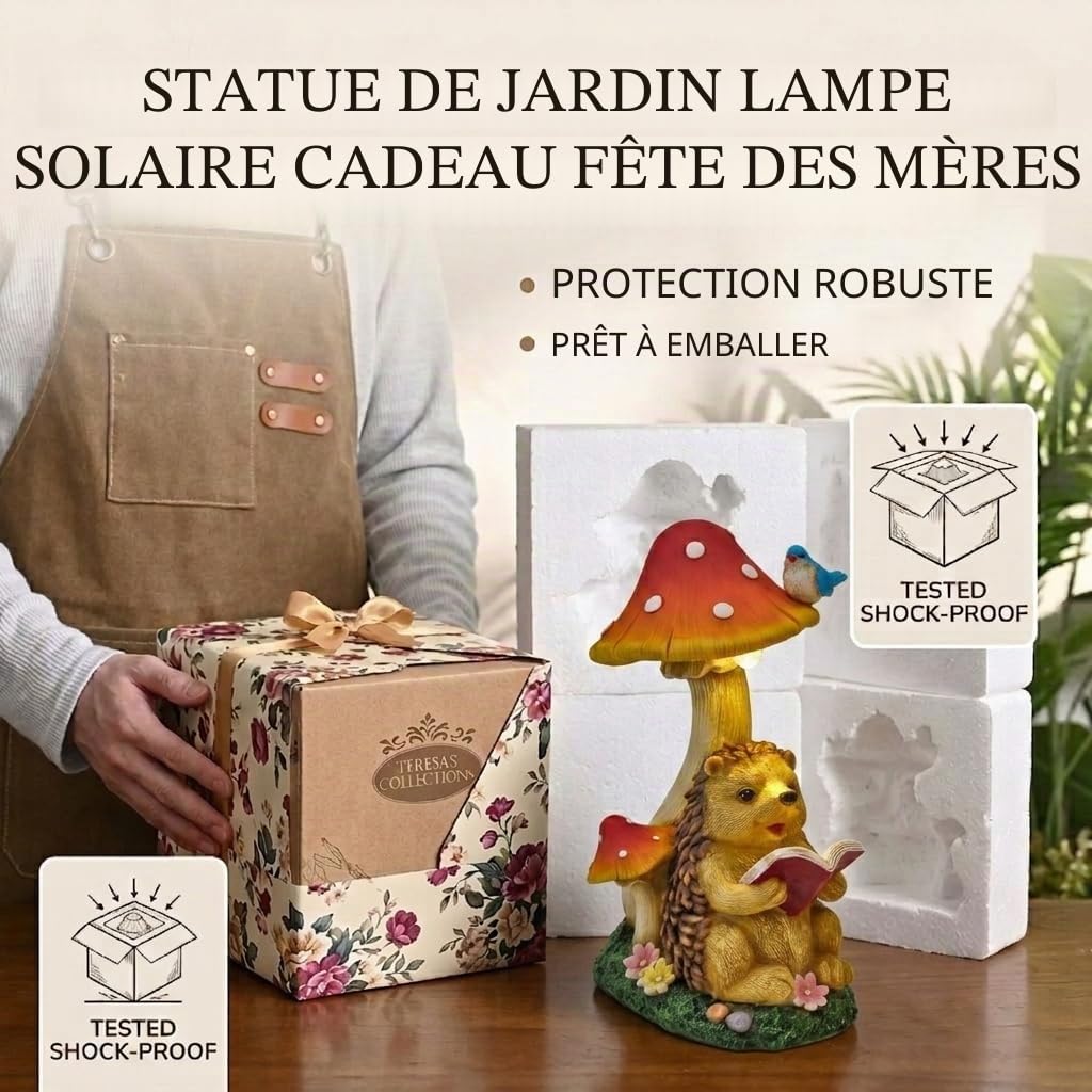 TERESA'S COLLECTIONS Decoration Jardin Exterieur Hérisson et Champignon,Figurine d'animaux avec Lampe Solaire, Décor d'art Original,17.5cm,Cadeau Femme (M)