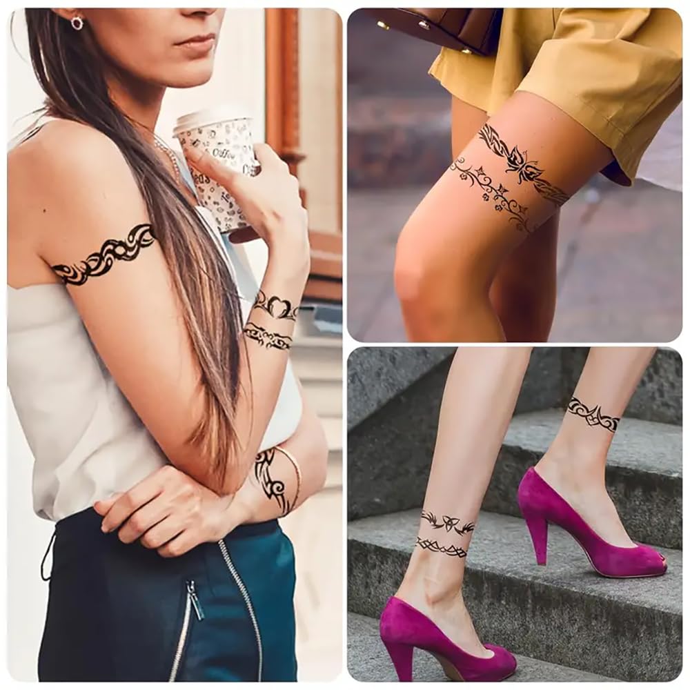 Yesallwas 10 Sheets Black Tribal fake Tattoos for Men Women Bracelet Temporary Tattoo Thorn Totem Line Tattoo Body Sticker - Image 2