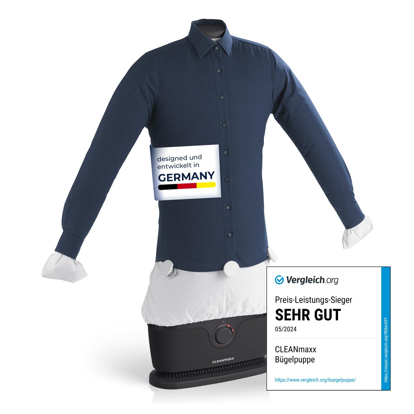 CLEANmaxx automatischer Hemdenbügler PRO |Ersetzt Bügeleisen, Bügelbrett, Dampfglätter und Steamer | Bügelgerät mit Bügelpuppe für Hemden, Blusen & Shirts | Innovativ & effizient, schwarz