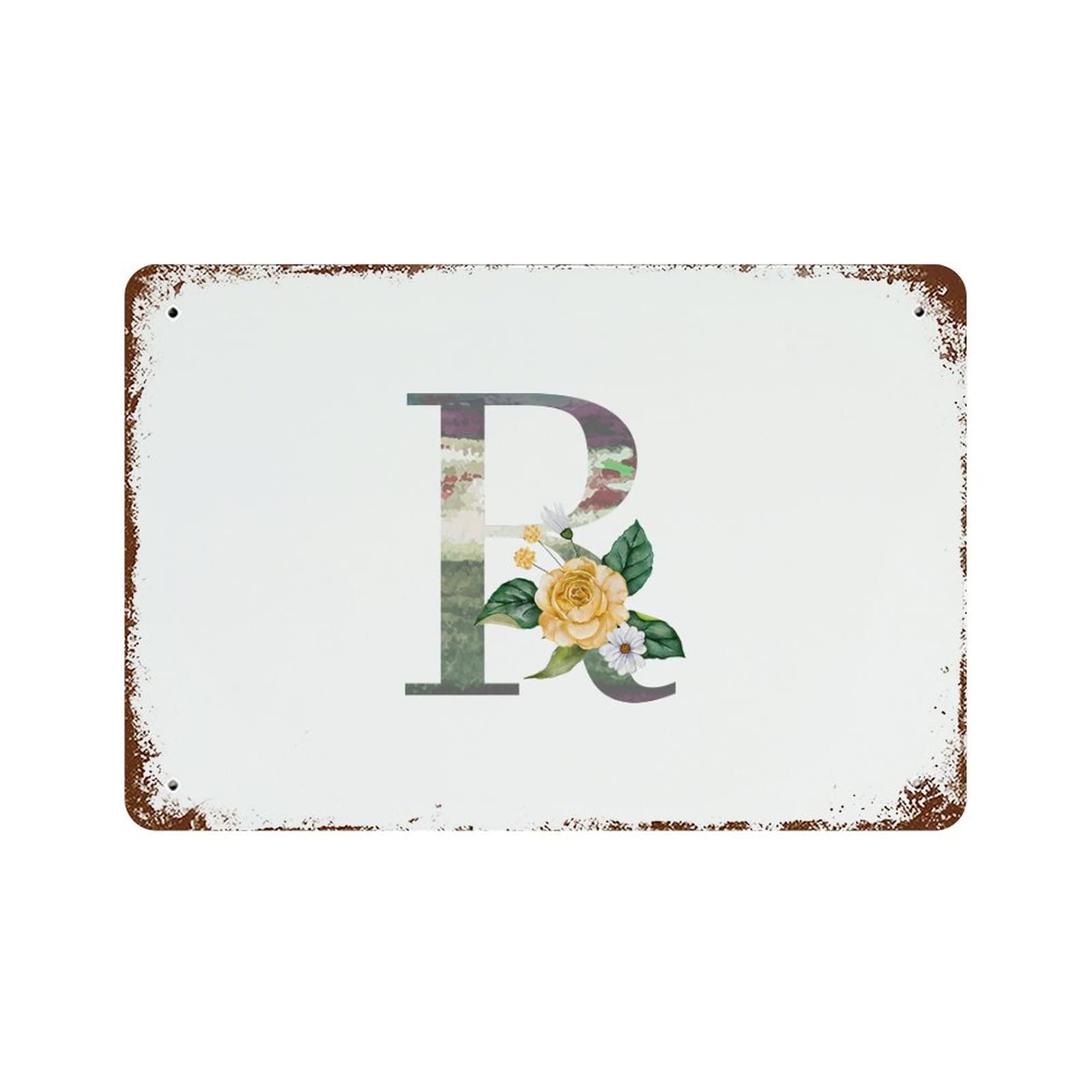 Panneau en métal monogramme floral jaune R art mural rétro vintage