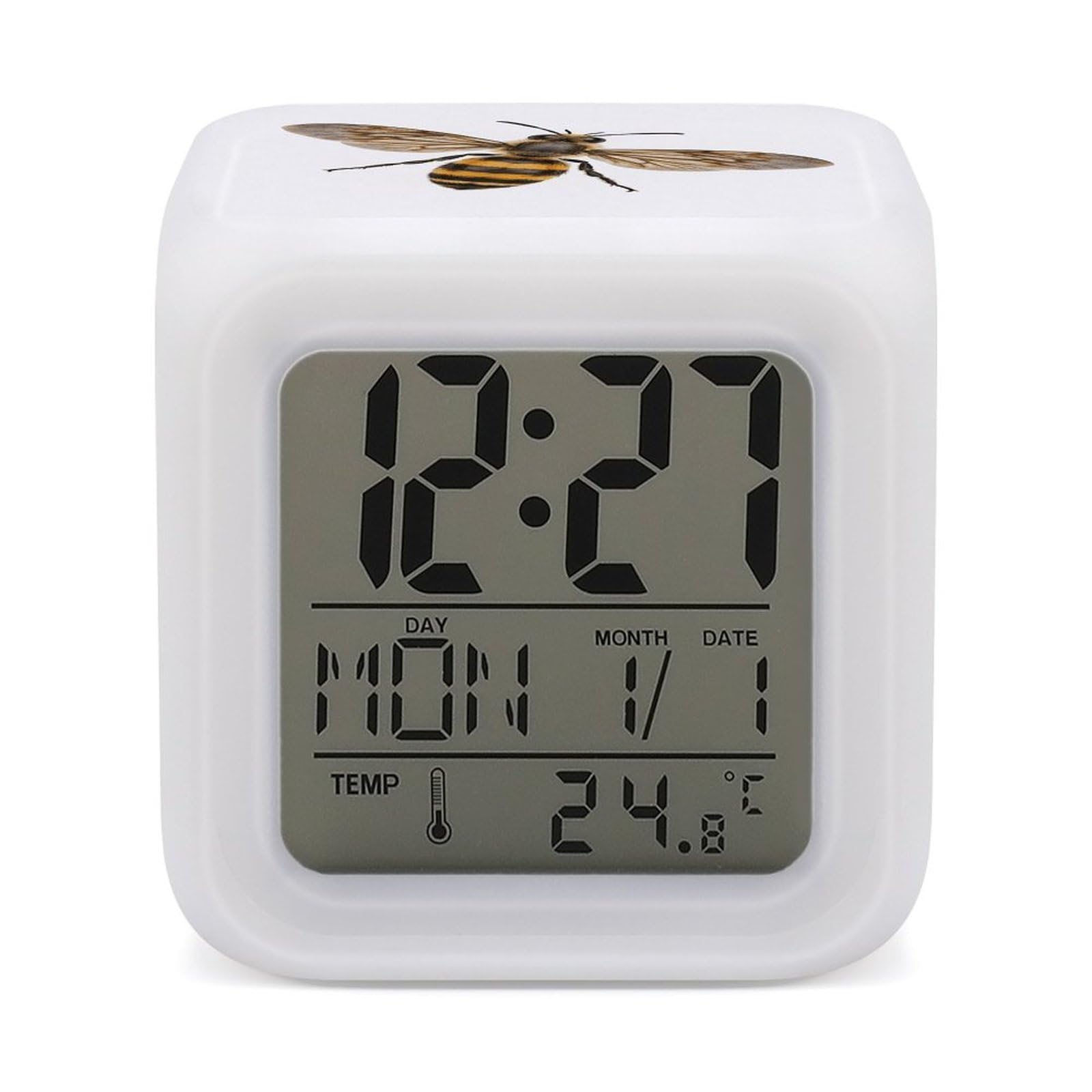 VstaDank Bee Alarm Clock with Date Temperature Large LED Display Number Clocks with 7 Colors Changing Desk Clock Battery Operated Digital Clocks with Date for Heavy Sleepers