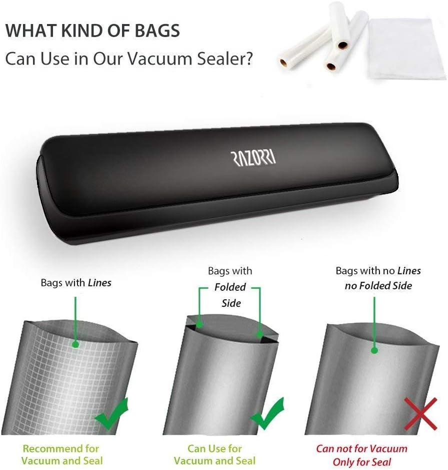 Contents of the Razorri E1800-C Vacuum Sealer package, including the sealer, user manual, and five heat-seal pre-cut bags