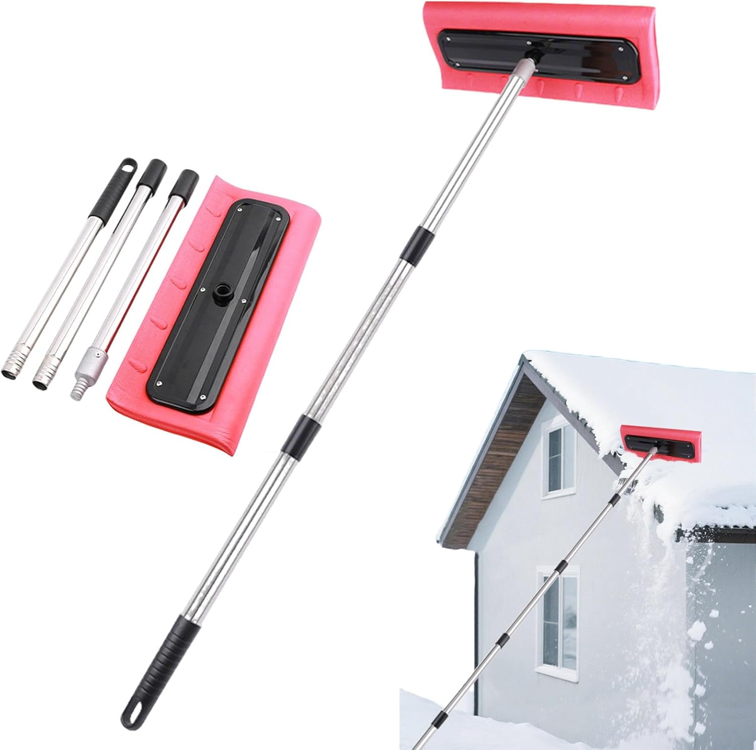 Snow Roof Rake, Foam Head Roof Snow Rake, Foam Broom Scraper for Clearing, Adjustable Telescoping No-Scratch Snows Broom, for Windshields, , Solar Panels and Shingle Overhangs (157.5inch/4m)