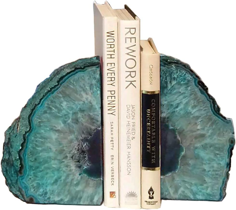 Agate Geode Bookends Heavy Duty Stone Book Ends Decorative Bookend Holder Home Office Decor with Rubber Bumpers Teal 1 Pair, 2-3 LBS