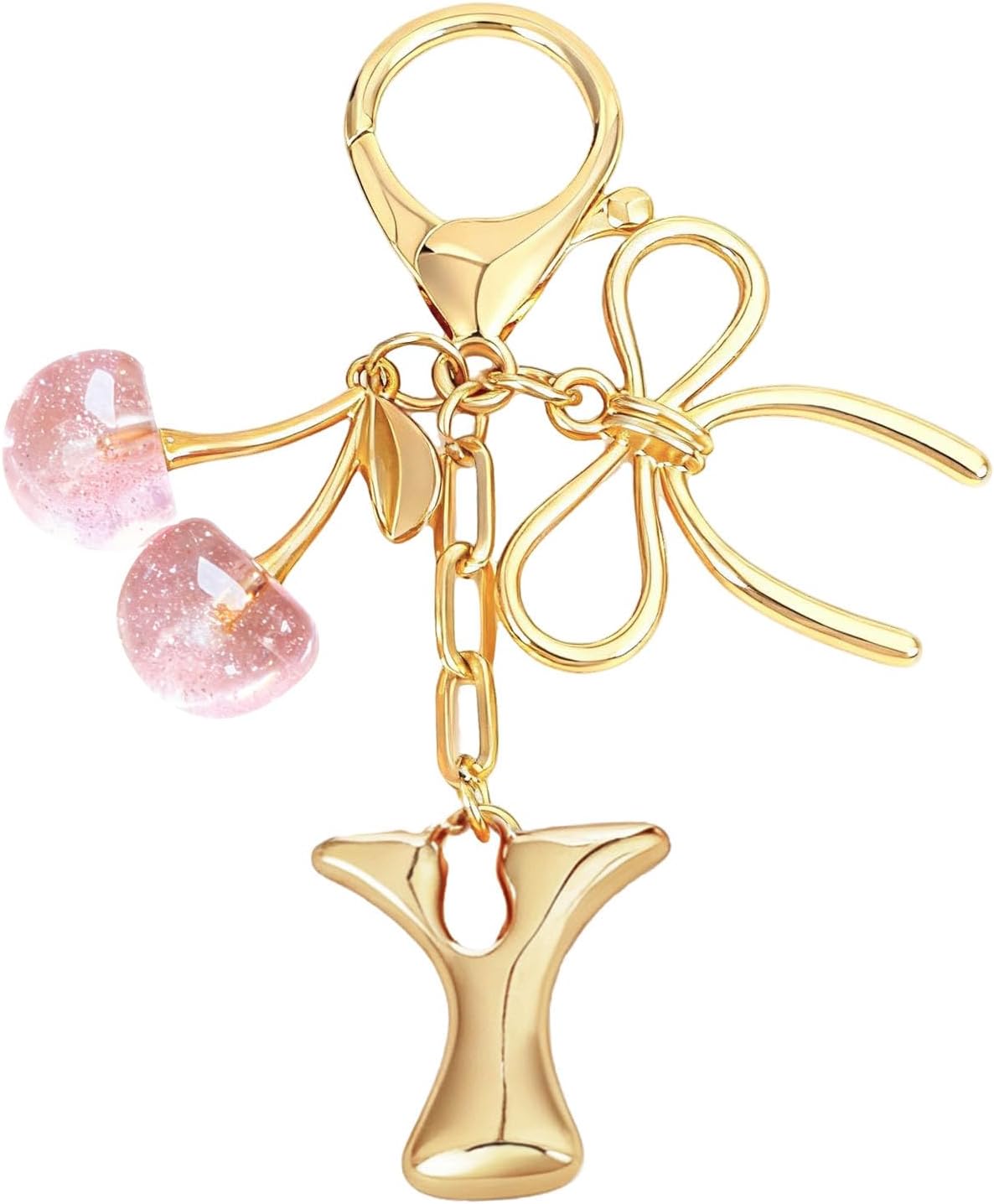 Initial A Keychain with Bow & Cherry - Gold Letter Bag Charms for Women, Cute Purse Handbag Accessories