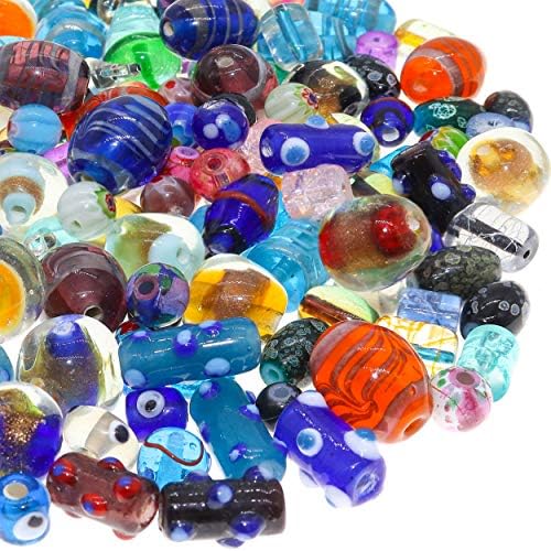 Fun-Weevz 50-60 PCS Assorted Glass Beads for Jewelry Making Adults, Large and Small Bulk Glass Beads for Crafts, Craft Lampwork Murano Bead Mix for Bracelets and Necklaces, Crafting Supplies Kit