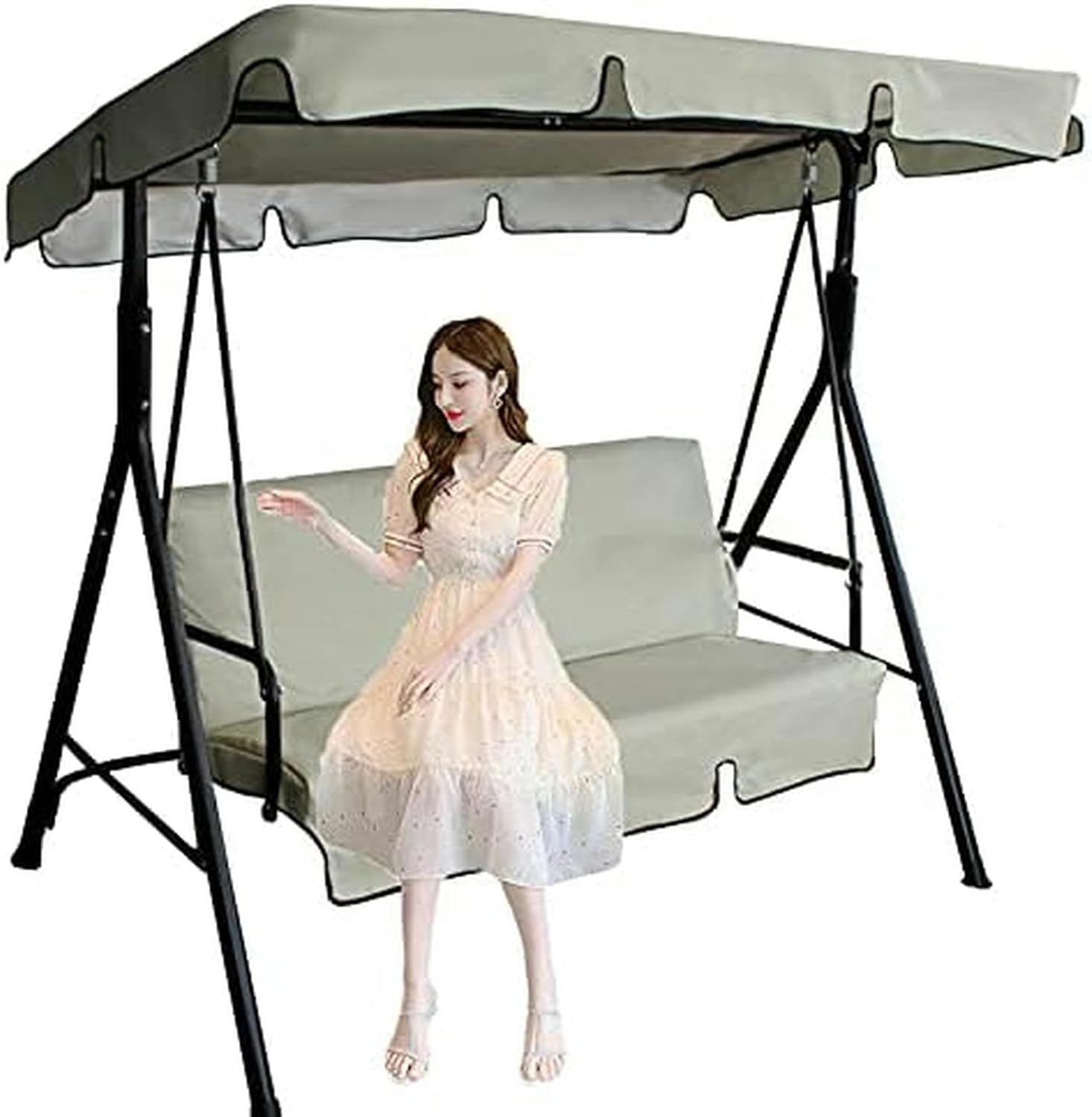 Swing Canopy Replacement Cover and Swing Cushion Cover Waterproof 2 and 3 Seater Swing Top Cover and Chair Cover Garden Outdoor Patio Swing Seat Cover Replac, Beige