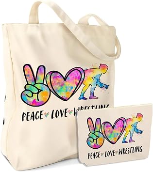 Wrestling Gifts for Women Coach Mom Fans Sports Wrestling Lover Coworker SIster Teacher Team Birthday Christmas Friendship 2PCS Cosmetic Bags Canvas Tote Bag Beach Bag with Pocket Makeup Bags