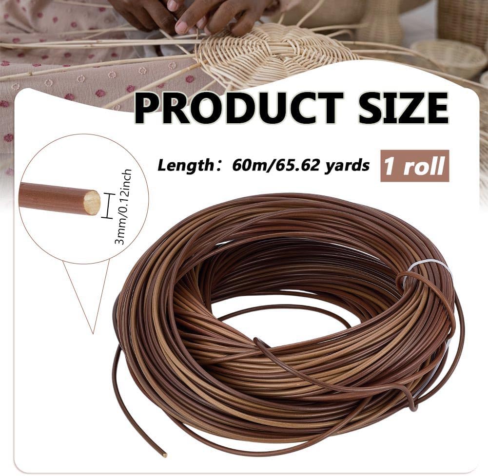 PH PandaHall 196.8ft Wicker Strips Plastic Rattan Repair 3mm Round Wicker Repair Kit Brown Rattan Strip Furniture Knitting Strips for Basket Patio Furniture DIY Weaving Repairing Chair Table