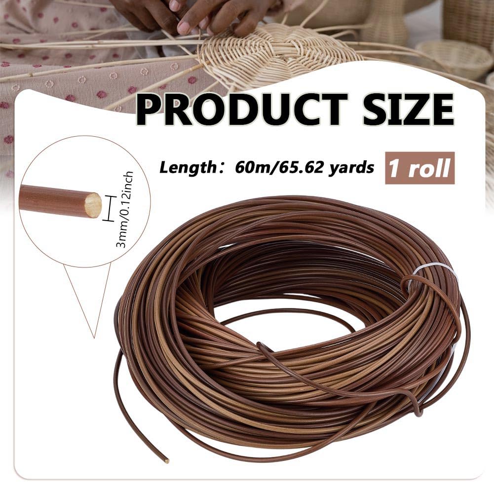 PH PandaHall Strisce di vimini da 60 m, in plastica e rattan, kit di riparazione rotonde da 3 mm, strisce in rattan marrone, strisce per lavori a maglia, per cestini, mobili da patio, fai da te