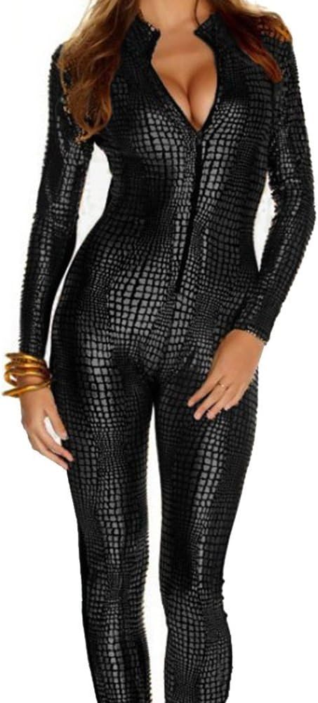 Top Totty Women's Shiny Catsuit Snakeskin Pattern Unitard Faux Leather Jumpsuit Catwoman Cosplay Ladies Girl Fancy Dress Playsuit Sexy Party Clubwear