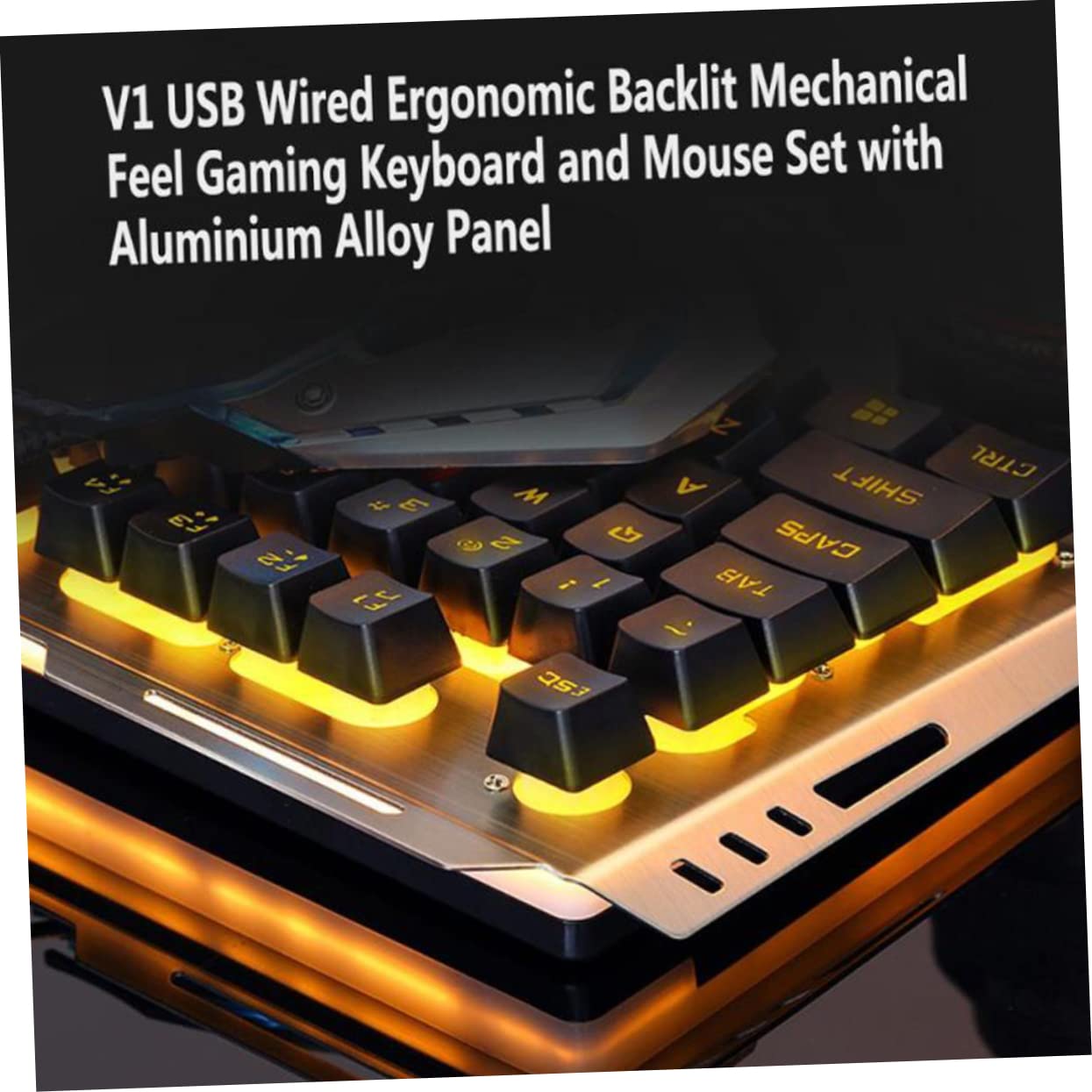 Artibetter Tastiera Meccanica Usb Retroilluminata a Led Gialla Set Mouse Da Gioco Ergonomico, Pulsanti Multimediali Fn, Design Resistente Pannelli Metallici Sabbiati, Per Gamer e Uso Prolungato