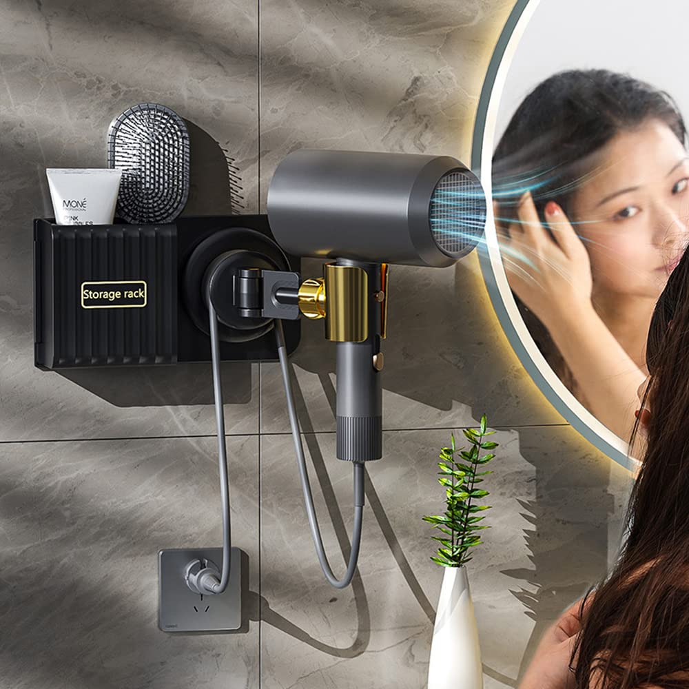 Hosoncovy Hair Dryer Wall Mount Holder with Storage Box with Swivel Arm Holder,Free Your Hands (White) - Image 4
