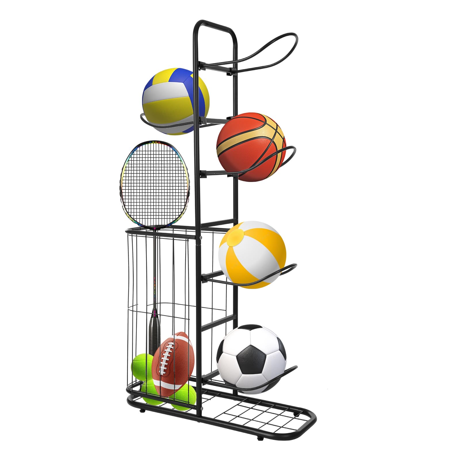 Soporte de globo de 5 niveles, soporte de almacenamiento para globos, armario de almacenamiento de metal para baloncesto, voleibol, estante deportivo independiente, blanco negro, sala de casa, garaje